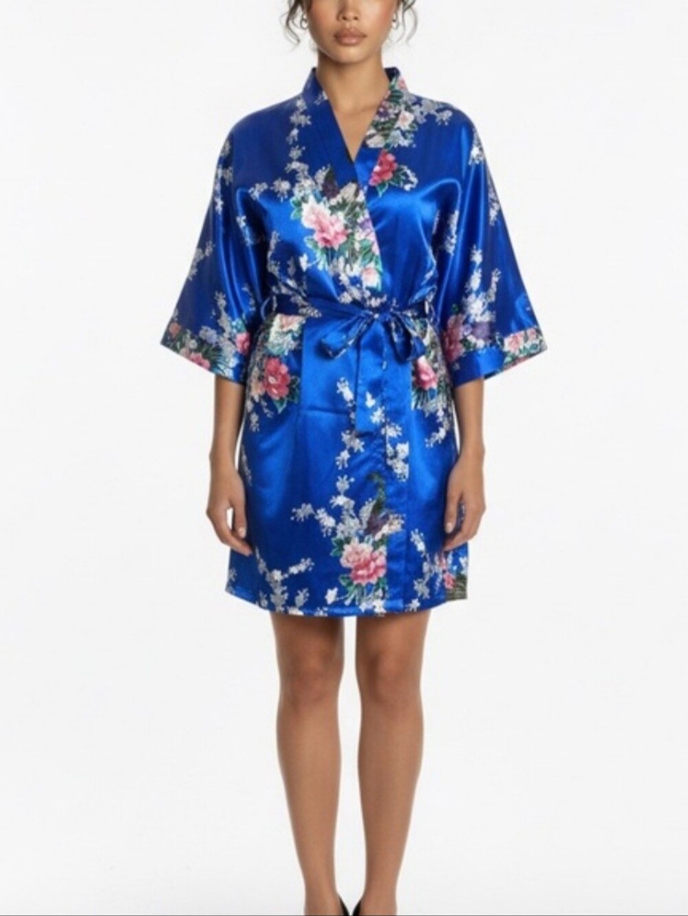 Satin Floral Kimono Robe - Blue